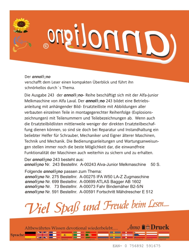 Alfa-Laval Melkmaschine Typ Alfa-Junior Bild- Bedienungsanleitung & Bild- Ersatzteilliste & Explosionszeichnungen  - annoligno 243